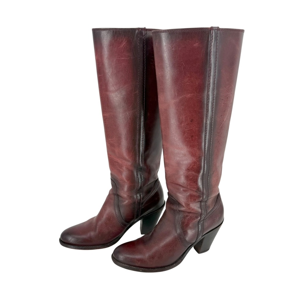 Frye Mustang Tall Red Leather Knee High Boots Women 7B Pull On Stacked Heel